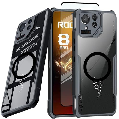 Guizzcg für ASUS ROG Phone 8 Pro 5G Hülle,Kompatible mit MagSafe Soft TPU Stoßstange Schlank Fit Acryl Handyhülle Airbag Schutzhülle Sturzfest Stoßfest[1 Stück Schutzgla],Magnetisch schwarz