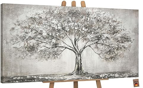 YS-Art Acryl Gemälde auf Leinwand handgemalt Lebensbaum Abstrakte Kunst Bilder Wohnzimmer Wandbilder modern mit grau Farben Grauen Farben 140x70 cm