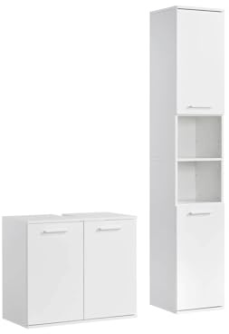 mokebo Badmöbel Set 'Der Steuermann' (2-teilig) Made in Germany, Badezimmer Set aus Holz in Weiß, Komplettset mit Waschbeckenunterschrank & Hochschrank, Badmöbel Garnitur