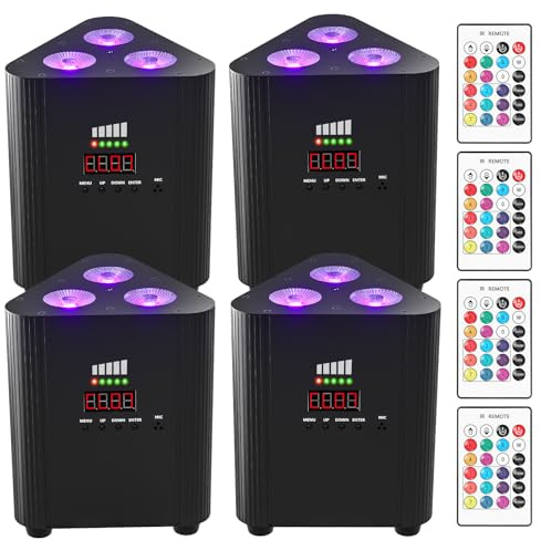 ZonQoonz 4pcs Akku RGBW 3 LED par mit Fernbedienung, 4400mA Wiederaufladbarer DMX LED Par Scheinwerfer Uplight mit Leistungsanzeige kabellos DJ Bühnenlicht für KTV Disco Party Hochzeits Weihnachten