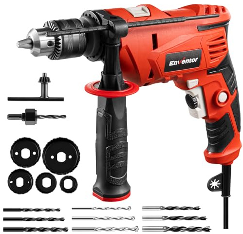 Enventor Hammer Drill with 9 Bits, Variable Speed, 900W, 1/2 Chuck, Corded