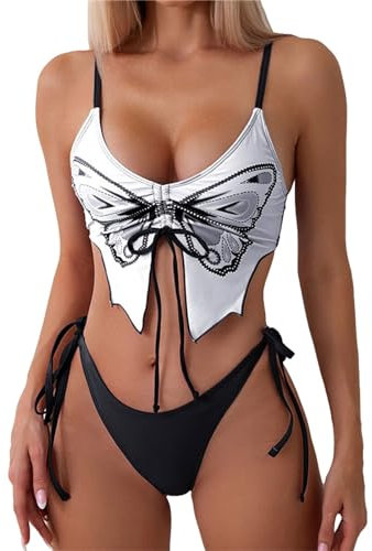 Steinhart Uhren Damen 2 Bikini-Badeanzug, Sommer-Badeanzug in Übergröße, Schmetterlingsmuster, Oberteil mit Shorts, sexy Badeanzüge Schwarze Herrenblusen (White, S)