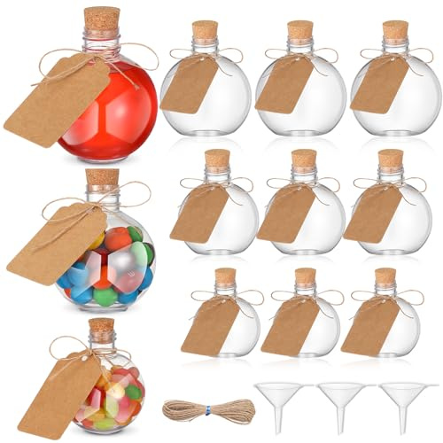 Baderke Spherical Plastic Potion Bottles with Cork 3, 5, 6 oz Ball Shape Round Sand Art Bottles with mini Funnels for Wedding Cocktail Ornament Decorative Candy Jar Drink DIY Crafts (12 Pcs)