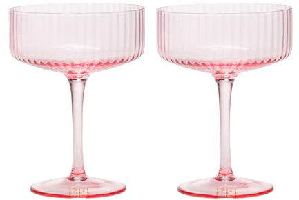 Paris Hilton Lot de 2 verres à cocktail cannelés élégants pour champagne, martini, vin et plus encore, 300 ml, rose