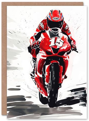Artery8 Greeting Card Superbike Race Red Motorcycle Racing Action Shot For Him Man Birthday Card