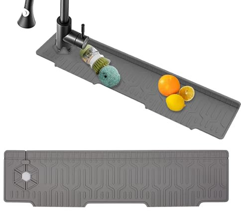 BeauFairy Silicone Sink Splash Guard, 60*15CM, Kitchen Sink Mat, Faucet Mat Splash Catcher, Drying Mat, Handle Drip Catcher Tray, Sink Protectors Faucet Splash Guard for Kitchen Bathroom Counters