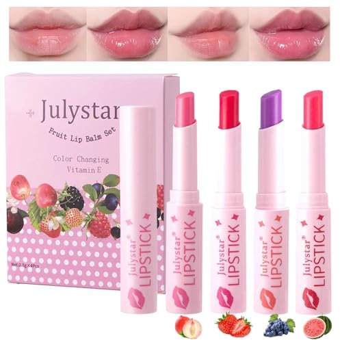 4 Farben Farbwechselnd Lippenstift und Lippenbalsam, 4 Stück Hydra Fruchtig Lippenpflege Lippenstift mit Vitamin E, Tinted Lip Balm, Glänzendes Finish für Trockene Lippen (A, 4 PCS)