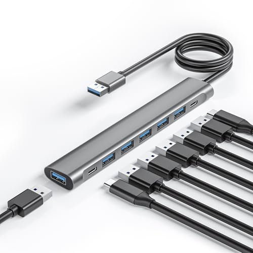 8-IN-1 6-USB 3.0 Hub with 5Gbps Data Transfer, Ultra-Slim Data USB Hub for MacBook, iMac, Surface, Mobile HDD and More (USB-A, 4 FT)