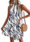 WNEEDU Sommerkleider Damen Kurze Strandkleider Neckholder Ärmelloses A-Linie Kleider mit Taschen Blatt-Marineweiß S