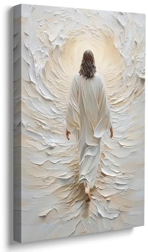 Reateforin Kunstdruck auf Leinwand, Motiv Jesus geht auf Wasser, Beige / Weiß, moderne religiöse Wandkunst, christliches Geschenk, trendig, christliches Zuhause, Leinwanddruck, Jesus, Kunstwerk,