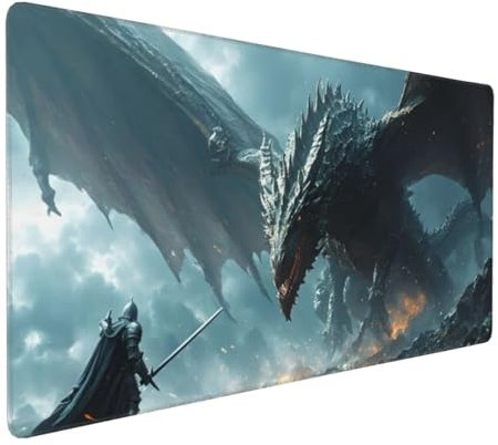 Tapis de Souris 80x40 cm Grand Tapis Souris XXL, Chevalier Dragon Tapis de Souris Bureau Gamer, à Bords Cousus, Base en Caoutchouc Antidérapante, sous Main pour Clavier et Souris, Decor Maison E-787