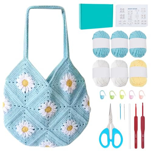 ORIGACH Häkel Tasche Set Für Anfänger, DIY Daisy Granny Square Tasche Starter Häkelset Für Erwachsene Mit Schritt Für Schritt Videoanleitung, Hellblau
