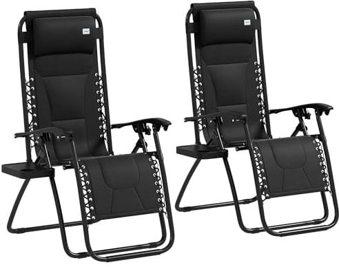 Outsunny Zero Gravity Lounger Chair Set of 2, Folding Reclining Patio Chair with Padded Seat, Cup Holder, Soft Cushion and Headrest for Poolside, Camping, Black