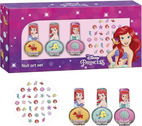 Princess Ariel Mermaid Nail Art Set for Kids - Complete Nail Decoration Kit with 3 Nail Polishes (Pink, Teal & Yellow), Nail Stickers, - Best Gift for Kids Aged 3+