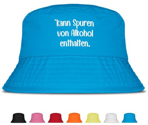 Kann Spuren von Alkohol enthalten - Lustiger Fischerhut – Der perfekte Sonnenhut für Herren & Damen – Ideal als Malle-Outfit, Party-Accessoire & Festival-Eimerhut für den Strand | Farbe Blau