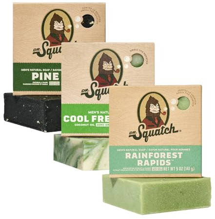 Dr. Squatch Men's Natural Bar Soap Made from Natural Oils - 3 Pack - Cold Process Soap with No Harsh Chemicals - Cool Fresh Aloe, Pine Tar, Rainforest Rapids (3 Pack)