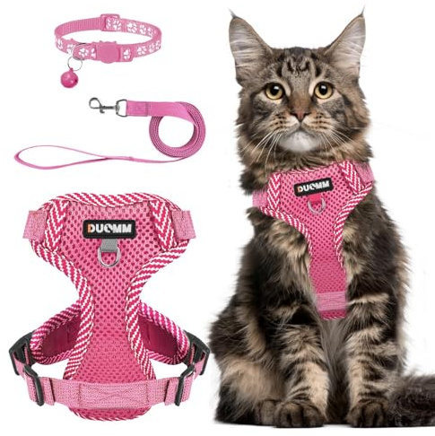 Dricar Katzengeschirr mit Leine Ausbruchsicher Verstellbar, Katzenleine mit Geschirr für Katzen, Komfortables Katzen Geschirr mit Reflektierenden Streifen für Kleine Hunde Spaziergänge (Rosa, M)