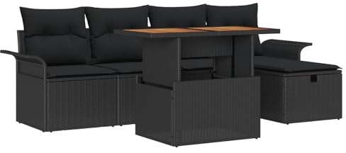 vidaXL 6-teiliges Garten-Sofaset mit Kissen in Schwarz. Ideal für draußen, robust und wetterfest aus Poly-Rattan. Bietet Platz für bis zu 5 Personen. Modulares Lounge-Set für die Terrasse.
