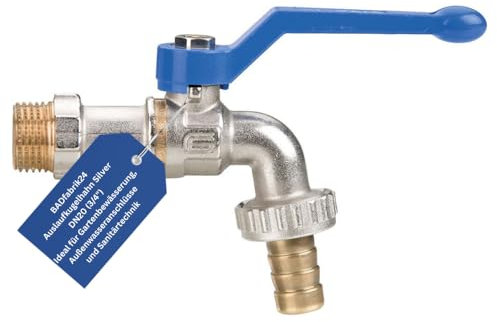 BADfabrik24 Auslaufkugelhahn Silver DN20 (¾) mit Aluminium-Hebel, Messing vernickelt, PN10, Schlauchanschluss, DVGW-zertifiziert,Messing,Kugelhahn mit Filter, Kugelhahn mit Schlauchanschluss