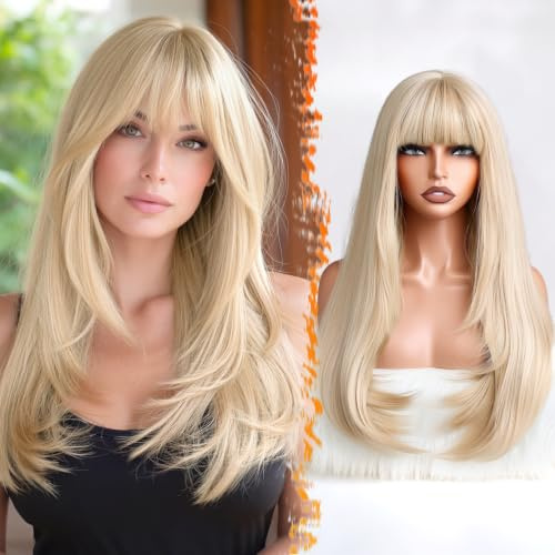 BARSDAR Lange Blond Perücke mit Pony, Lange Glatte Blond Perücke mit Pony für Damen 61cm Natürlich Aussehendes Dick Weiches Synthetisches Haarersatz-Pruik für Alltag Cosplay Party Halloween