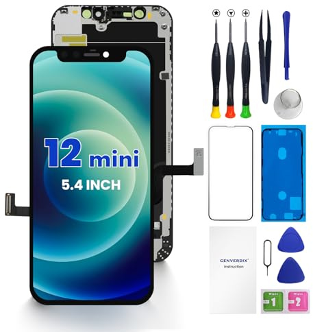 Genverdix für iPhone 12 Mini Display Reparaturset Komplett 5.4 Zoll FHD, 3D Touch LCD Display Vormontiert, Voll kompatibel mit Face ID, Lebendige Farben, hohe Auflösung