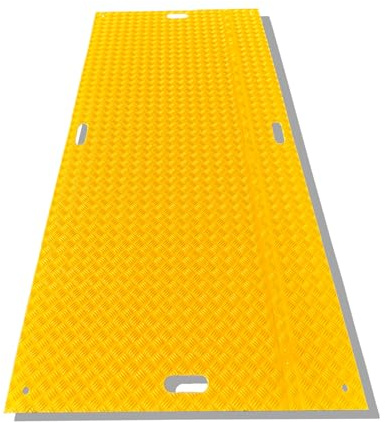 Widerstandsfähige gelbe Fahrplatte aus Polyethylen 244 x 122 cm, Dicke 1 cm, Gewicht 43 kg. Verwendet zum Schutz von Sohlen und Beschichtungen. Tragkraft 80 Ton