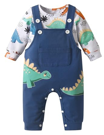 Kumsolu Toddler Baby Boy Clothes Dinosaur Long Sleeve Romper Dungarees Pants 2Pcs Set