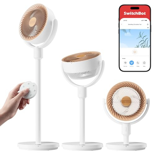 SwitchBot Standing Circulator Fan with RGB Lights, 22dB Ultra-Quiet Floor Fan with Remote Control, Matter Compatible via Hub, 9.15 m³/min Airflow, Height Adjustable, 4 Modes, 9 Speeds, 9-Hour Timer