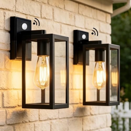 BRIMMEL Outdoor Wall Lights with Motion Sensor, Die-Cast Aluminium Black Outside Porch Lights Mains Powered with PIR Sensor, E27 Dusk to Dawn Exterior Security Lantern for Porch Front Door, 2 Packs