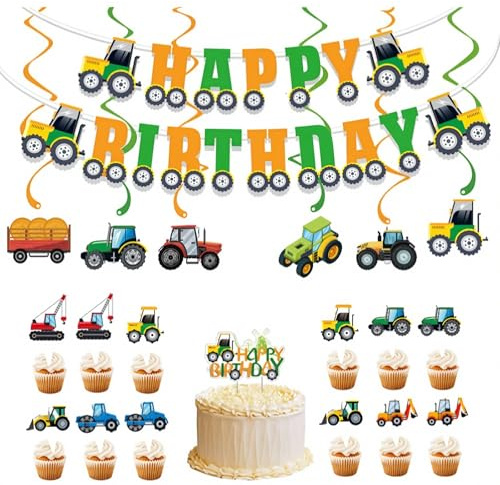 20 Pcs Traktor Geburtstag Deko für Kinder, 1 Happy Birthday Banner 6 Hängende Wirbel Girlande, 13 Traktor Cupcake Toppers, Party Deko zum Thema Bauernhof für Jungen Mädchen Geburtstage
