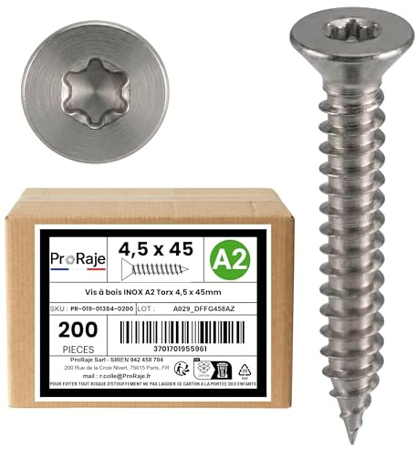 Tornillos para madera INOX A2: 4,5 x 45 mm | Cabeza avellanada huella TORX (TX) | Acero inoxidable A2 (V2A / AISI 304) | construcción/aglomerado/terraza/etc: lote de 200 unidades