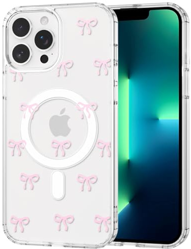 TVVTPU Magnetisch Hülle für iPhone 13 Pro Max Kompatibel mit MagSafe, Aesthetic Schleifen Muster Handyhülle Nie Vergilbung Dünne Transparent Hard PC Rückseite Stoßfester Kratzfest Case, Rosa