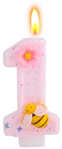 1st Birthday Candle, Shiny Pink Flower Bee Number One Candle | Cute First Cake Topper Decoration for Women Girls Birthday Anniversary Celebration Party Supplies(Pink Flower)