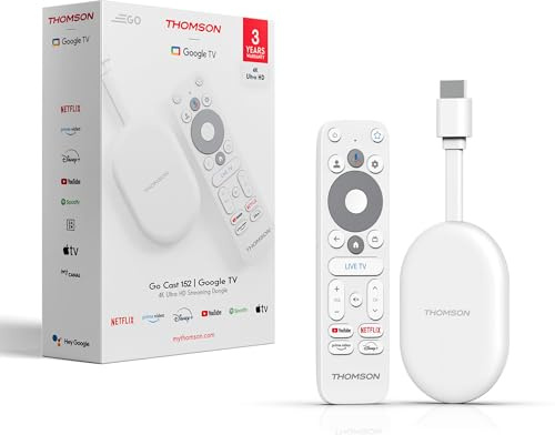 Thomson Go Cast 152 Streaming Dongle, 4K UHD Google TV, Voice Control, Google Cast, Dolby Atmos, Dolby Digital+, HDR10, Portable, 2 GB RAM, 32 GB Storage