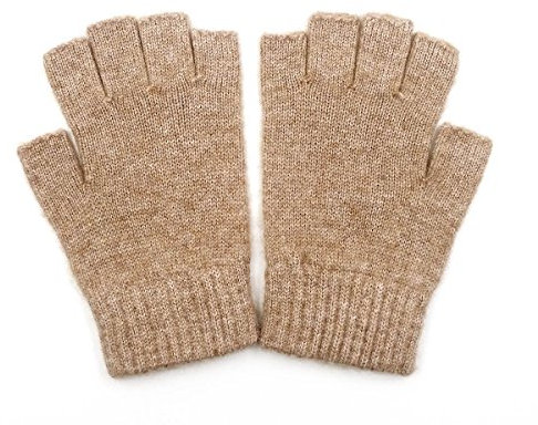 iMongol - Reine Wolle Herren Halbfinger Mitte Fingerlose Handschuhe Fäustlinge Für Frauen Männer, Kamelgrau, Regulär M