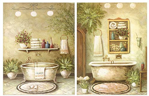 Cuadro de baño, Placas de madera de decoracion bañeras/Set de 2 cuadros de 19 cm x 25 cm x 4 mm unid. Adhesivo FÁCIL COLGADO. Adorno decorativo. Decoración pared hogar