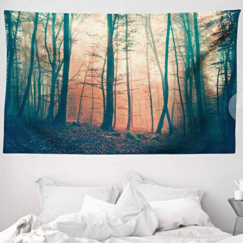 ABAKUHAUS Wald Wandteppich und Tagesdecke, Herbst-Waldwald aus Weiches Mikrofaser Stoff Waschbar ohne Verblassen Digitaldruck, 230 x 140 cm, Dunkelgrün Korallenrot