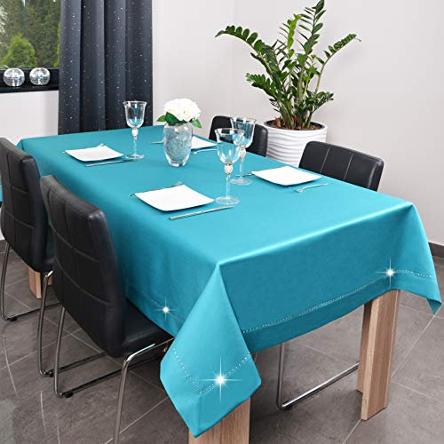 DECOOR - schmutzabweisende Tischdecke, 80 x 80, Türkis, veredelt mit einer eleganten 7 cm langen Rückseite, aus Satingewebe 190g/m², 100% Polyester, hergestellt in EU