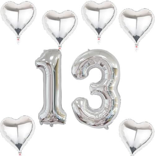 Haosell XXL Folienballon 13 Geburtstag, Zahl 13 Silber, 40 Ballon, 13 Stück, Unisex-Kinder Geburtstagsdeko