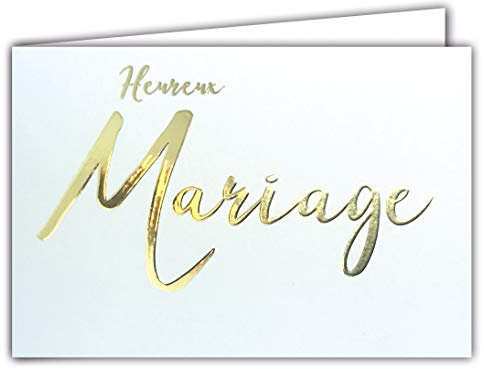 AFIE 68-1214 Carte Heureux Mariage en Or Doré Brillant Sur Fond Blanc - Livrée avec Enveloppe - Format Carte Fermée 17x11,5cm - Félicitations - Couple - Fabriquée en France
