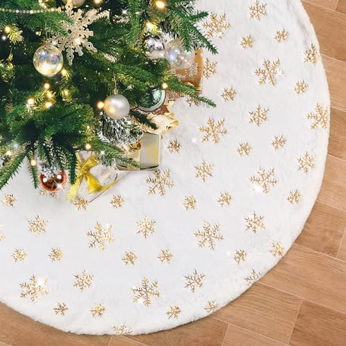 Falda de árbol de Navidad grande de 48 pulgadas, falda de árbol de piel sintética blanca de Navidad con lentejuelas doradas para decoraciones de fiesta de Navidad