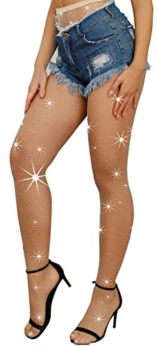 Forevers Mujeres Brillante Red de Pesca Medias Brillantina Medias Diamante Diamante de Imitación Pantys Red de Pesca Medias Malla Medias