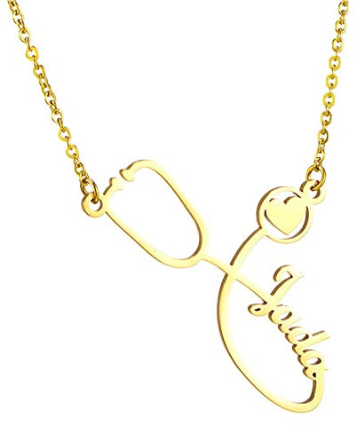 JewelryWe Schmuck Namenskette Damen Edelstahl Personalisierte Halskette Stethoskop Herz Anhänger Kette mit Namen, Geschenk für Frauen Ärztin Krankenschwester (Gold)
