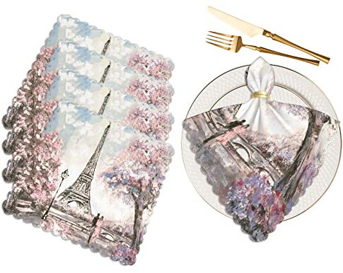Yibeas Eiffelturm Stoffservietten 4er Set Weiches Ölgemälde Paris Rosa Baum Paar Liebe Zarte Landschaft Gebäude Polyester Abendessen Quadratische Serviette für Familie Restaurant Hochzeiten Partys