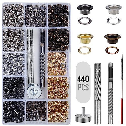 5MM Grommet Tool Kit, with 440pcs Metal Brass Eyelets& Extra Grinding Rod,Preciva 4 Colors Eyelet Punch Kit, for Tarpaulins, Canvas, Leather, Fabrics