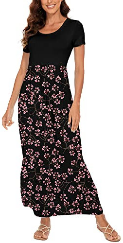 DEARCASE Damen Kurzarm Lose Einfarbig Maxi Sommerkleider Lässige Blumen Lange Kleider mit Taschen, X-Large Gypsophila Black