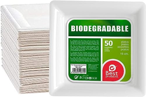 MORE FREE Platos Reciclable de Alta Resistencia Caña de Azúca Blanca Plato Reutilizable Cucharas Cuchillos Tenedores Vasos Platos Pajitas para Fiestas Buffets Bodas (16 X 16/50PCS, Plato-Cuadrado)