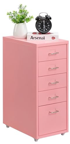 HollyHOME Classeur mobile à 5 tiroirs, armoire de classement à roulettes, armoire de rangement en métal avec roulettes pour la maison, le bureau et l'école, rose