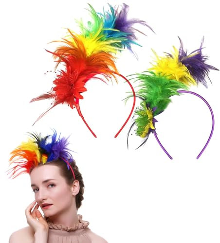 Tianher Bunt Feder Stirnband, 2 Pcs Karneval Party Kopfschmuck Regenbogen Feder Haarreif Feder Kopfbedeckung für Frauen und Mädchen