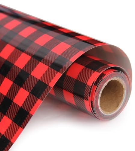 Vinilo Textil HTV Cuadros Negros y Rojos 30.5x182cm Termoadhesivo para Cricut, Transferencia de Calor, Feliz Navidad